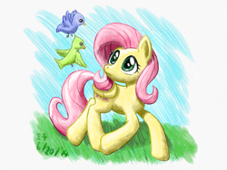 Size: 2448x1836 | Tagged: safe, artist:michiito, fluttershy, bird, pegasus, pony, cute, digital art, female, grass, looking back, mare, shyabetes, smiling, solo, walking