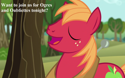 Size: 1152x720 | Tagged: safe, edit, edited screencap, screencap, big macintosh, pony, no second prances, apple tree, bronybait, cropped, cute, dungeons and dragons, horse collar, macabetes, ogres and oubliettes, speech, tree