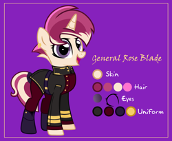 Size: 4000x3273 | Tagged: safe, artist:n0kkun, oc, oc only, oc:general rose blade, pony, unicorn, belt, boots, clothes, coat, ear piercing, earring, female, jewelry, mare, military uniform, multicolored hair, open mouth, piercing, purple background, reference sheet, shoes, simple background, socks, solo, tail wrap