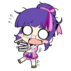 Size: 500x500 | Tagged: safe, artist:banzatou, twilight sparkle, human, anime, blushing, book, chibi, clothes, cute, female, glasses, hair bun, humanized, manga style, open mouth, pleated skirt, plewds, shoes, simple background, skirt, socks, solo, transparent background, twiabetes