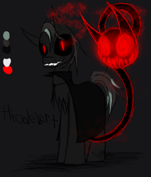 Size: 600x700 | Tagged: safe, artist:didun850, oc, oc only, oc:hrodebert, earth pony, pony, chest fluff, cloak, clothes, earth pony oc, glowing eyes, grin, male, possessed, raised hoof, reference sheet, shadow pony, sharp teeth, slit eyes, smiling, sombra eyes, stallion, story included, teeth