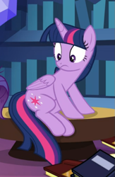 Size: 431x663 | Tagged: safe, screencap, twilight sparkle, twilight sparkle (alicorn), alicorn, pony, dragon dropped, book, cropped, sitting, solo, table