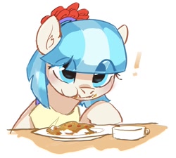 Size: 1513x1360 | Tagged: safe, artist:luciferamon, coco pommel, earth pony, pony, cocobetes, curry, cute, eating, eye clipping through hair, female, food, mare, solo