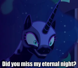 Size: 1245x1080 | Tagged: safe, edit, edited screencap, screencap, nightmare moon, alicorn, pony, the cutie re-mark, alternate timeline, caption, cropped, ethereal mane, female, grin, image macro, mare, meme, nightmare takeover timeline, smiling, solo, starry mane, text