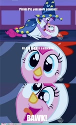 Size: 500x818 | Tagged: safe, derpibooru import, edit, edited screencap, screencap, pinkie pie, twilight sparkle, bird, chicken, earth pony, pony, luna eclipsed, animal costume, chicken pie, chicken suit, clothes, comic, costume, duo, funny, misspelling, nightmare night costume, screencap comic, silly, silly pony, star swirl the bearded costume, text