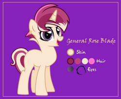 Size: 6098x4989 | Tagged: safe, alternate version, artist:n0kkun, oc, oc only, oc:general rose blade, pony, unicorn, blank flank, ear piercing, earring, female, jewelry, mare, multicolored hair, open mouth, piercing, purple background, reference sheet, simple background, solo