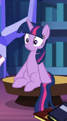 Size: 434x780 | Tagged: safe, screencap, twilight sparkle, twilight sparkle (alicorn), alicorn, pony, dragon dropped, book, cropped, sitting, solo, surprised, table