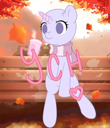 Size: 829x965 | Tagged: safe, artist:musicfirewind, oc, oc only, alicorn, earth pony, pegasus, pony, unicorn, autumn, bench, chocolate, clothes, coffee, commission, cozy, food, hot chocolate, leaves, orange, park, red, scarf, solo, your character here