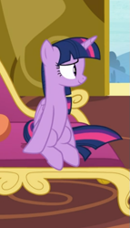 Size: 351x613 | Tagged: safe, screencap, twilight sparkle, twilight sparkle (alicorn), alicorn, pony, dragon dropped, cropped, fainting couch, sitting, smiling, solo