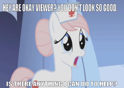 Size: 668x474 | Tagged: safe, edit, edited screencap, editor:undeadponysoldier, screencap, nurse redheart, earth pony, pony, applebuck season, concerned, female, hair bun, hat, looking at you, mare, nurse hat, open mouth, ponyville hospital, solo, talking to viewer