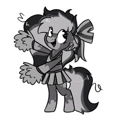 Size: 1500x1500 | Tagged: safe, artist:northwindsmlp, oc, oc only, oc:chocolate milk, earth pony, pony, cheerleader, cheerleader outfit, clothes, floppy ears, monochrome, pom pom, simple background, skirt, solo, white background