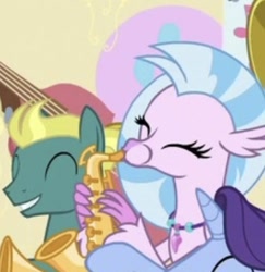 Size: 346x356 | Tagged: safe, screencap, silverstream, a horse shoe-in, cropped, eyes closed, friendship student, musical instrument, saxophone