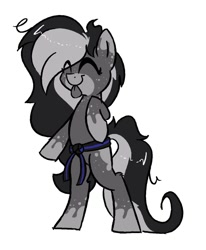 Size: 1236x1500 | Tagged: safe, artist:northwindsmlp, oc, oc only, oc:chocolate milk, earth pony, pony, belt, bipedal, eyes closed, monochrome, neo noir, partial color, simple background, solo, tongue out, white background