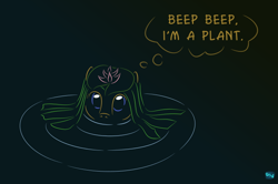 Size: 700x466 | Tagged: safe, artist:quint-t-w, oc, oc only, oc:little willow, earth pony, pony, beep beep, gradient background, lilypad, looking at you, minimalist, modern art, old art, ripple, solo, submerged, thinking, thought bubble, water, water lily