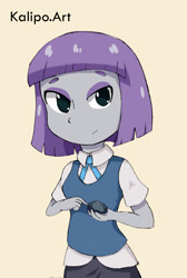 Size: 1751x2610 | Tagged: safe, artist:kalipoart, boulder (pet), maud pie, equestria girls, clothes, female, looking at you, school uniform, simple background, solo, yellow background