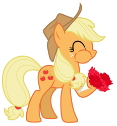 Size: 6995x7548 | Tagged: safe, artist:estories, derpibooru import, applejack, earth pony, pony, absurd resolution, applejack's hat, aweeg*, bouquet, cowboy hat, eating, eating flower, eyes closed, female, flower, hat, herbivore, horses doing horse things, mare, puffy cheeks, rose, silly, silly pony, simple background, solo, transparent background, vector, who's a silly pony
