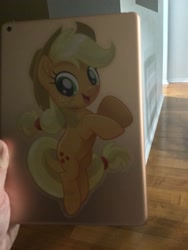 Size: 2448x3264 | Tagged: safe, derpibooru import, applejack, earth pony, pony, apple, food, ipad, merchandise, sticker