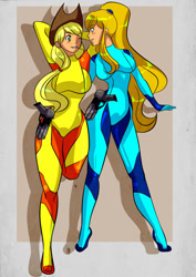 Size: 601x850 | Tagged: safe, artist:pronon1990, applejack, human, applejack's hat, applesamus, blushing, cowboy hat, crossover, crossover shipping, female, gun, hat, humanized, lesbian, looking at each other, metroid, one eye closed, ponytail, samus aran, shipping, weapon, wink, zero suit, zero suit samus