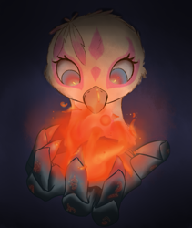 Size: 699x830 | Tagged: safe, artist:shukketsustar, derpibooru import, oc, oc:mitzi, griffon, claws, dark, female, fire, gauntlet, glow, griffon magic, magic, smiling, solo