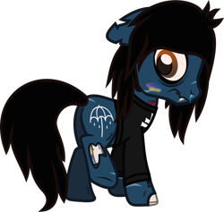 Size: 1069x1015 | Tagged: safe, artist:lightningbolt, derpibooru exclusive, pony, undead, zombie, zombie pony, .svg available, bags under eyes, blood, bone, bring me the horizon, butt, clothes, colored blushing, colored pupils, colored sclera, embarrassed, fangs, floppy ears, hair over one eye, long sleeves, looking back, male, oliver sykes, plot, ponified, rainbow blood, raised leg, scar, shirt, shy, simple background, solo, stallion, stitches, svg, tattoo, torn ear, transparent background, underhoof, vector