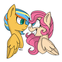 Size: 768x768 | Tagged: safe, artist:awoomarblesoda, oc, oc only, oc:honey cakes, oc:zippercharge, pegasus, pony, female, magical lesbian spawn, mare, offspring, parent:fluttershy, parent:pinkie pie, parents:flutterpie, simple background, transparent background