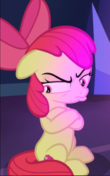 Size: 588x940 | Tagged: safe, screencap, apple bloom, earth pony, pony, growing up is hard to do, angry, bow, cropped, crossed hooves, faic, female, filly, floppy ears, hair bow, narrowed eyes, pouting, sitting, solo