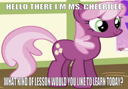 Size: 668x467 | Tagged: safe, edit, edited screencap, editor:undeadponysoldier, screencap, cheerilee, earth pony, pony, cheeribetes, cute, dialogue, female, hearts and hooves day, introduction, looking at you, mare, ponyville schoolhouse, question, question mark, smiling, solo, standing, talking to viewer, text