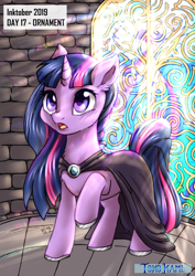 Size: 2149x3035 | Tagged: safe, artist:tokokami, twilight sparkle, unicorn twilight, pony, unicorn, :o, cloak, clothes, colored hooves, ear fluff, female, mare, open mouth, raised hoof, solo, stained glass, wide eyes