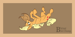 Size: 1280x634 | Tagged: safe, artist:bbru4r, derpibooru import, applejack, earth pony, pony, cheek fluff, cute, female, freckles, jackabetes, mare, mouth hold, nom, on back, silly, silly pony, solo, unshorn fetlocks, who's a silly pony