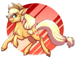 Size: 1600x1271 | Tagged: safe, artist:canonpotatoes, applejack, earth pony, pony, abstract background, chest fluff, circle background, cute, ear fluff, female, jackabetes, leg fluff, mare, profile, smiling, solo, unshorn fetlocks