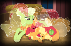 Size: 12324x7948 | Tagged: safe, artist:faitheverlasting, apple bloom, applejack, big macintosh, bright mac, granny smith, pear butter, earth pony, ghost, pony, absurd resolution, apple family, apple siblings, apple sisters, baby, baby apple bloom, brother and sister, colt big macintosh, cuddling, father and child, father and daughter, father and son, female, filly, filly applejack, grandmother and grandchild, grandmother and granddaughter, grandmother and grandson, hay, lidded eyes, male, mother and child, mother and daughter, mother and daughter-in-law, mother and son, parent and child, prone, sad, siblings, sisters, spirit, young granny smith, younger