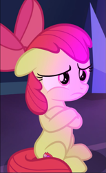 Size: 579x939 | Tagged: safe, screencap, apple bloom, earth pony, pony, growing up is hard to do, bow, cropped, crossed hooves, female, filly, floppy ears, frown, hair bow, sad, sitting, solo