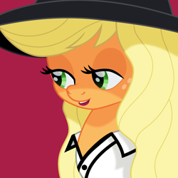 Size: 1500x1500 | Tagged: safe, artist:cloudyglow, applejack, earth pony, pony, bust, female, freckles, hat, lidded eyes, mare, movie accurate, red (song), red background, simple background, taylor swift