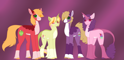 Size: 4871x2373 | Tagged: safe, alternate version, artist:clay-bae, big macintosh, little mac, sugar belle, oc, oc:lemon sours, pony, unicorn, female, male, mare, offspring, parent:big macintosh, parent:sugar belle, parents:sugarmac, shipping, stallion, straight, sugarmac