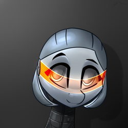 Size: 2000x2000 | Tagged: safe, artist:shido-tara, pony, android, bust, crossover, edi, gray background, mass effect, mass effect 2, mass effect 3, ponified, portrait, simple background, solo, watching in camera