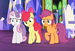 Size: 886x612 | Tagged: safe, screencap, apple bloom, scootaloo, sweetie belle, earth pony, pegasus, pony, unicorn, growing up is hard to do, confused, cropped, cutie mark, cutie mark crusaders, female, friendship throne, mare, older, older apple bloom, older cmc, older scootaloo, older sweetie belle, raised hoof, the cmc's cutie marks, trio