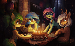 Size: 3050x1892 | Tagged: safe, artist:koviry, oc, oc only, deer, deer pony, earth pony, original species, pegasus, pony, birthday, birthday cake, birthday candles, cake, candle, food, group, sitting, smiling, table