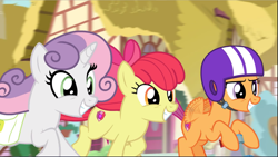 Size: 1669x941 | Tagged: safe, screencap, apple bloom, scootaloo, sweetie belle, earth pony, pegasus, pony, unicorn, growing up is hard to do, cropped, cutie mark crusaders, female, galloping, happy, helmet, mare, older, older apple bloom, older cmc, older scootaloo, older sweetie belle, saddle bag, scooter, smiling, trio