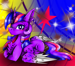 Size: 800x700 | Tagged: safe, artist:55xxglai-s-z-s-exx55, twilight sparkle, twilight sparkle (alicorn), alicorn, pony, abstract background, chest fluff, eyestrain warning, female, mare, solo, two toned wings, wings