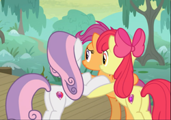 Size: 1009x712 | Tagged: safe, screencap, apple bloom, scootaloo, sweetie belle, earth pony, pegasus, pony, unicorn, growing up is hard to do, bipedal, bow, butt, cropped, cutie mark crusaders, female, hair bow, huddle, mare, older, older apple bloom, older cmc, older scootaloo, older sweetie belle, plot, rear view, trio