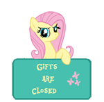 Size: 150x147 | Tagged: safe, artist:majkashinoda626, fluttershy, pegasus, pony, angry, gift info, gifts are closed, sign, solo