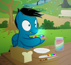 Size: 3600x3300 | Tagged: safe, artist:agkandphotomaker2000, oc, oc:pony video maker, pegasus, pony, apple, bread, butter knife, food, jam, knife, park, park bench, park table, small zaps, zap apple, zap apple jam, zapped