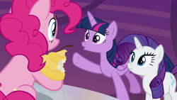 Size: 1920x1080 | Tagged: safe, screencap, pinkie pie, rarity, twilight sparkle, twilight sparkle (alicorn), alicorn, earth pony, pony, unicorn, the last laugh, cutie map, female, looking at each other, mare, open mouth, raised hoof, sitting, smiling