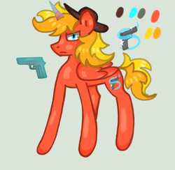 Size: 886x866 | Tagged: safe, artist:hunterthewastelander, oc, oc only, oc:ricochet, alicorn, pony, fallout equestria, alicorn oc, glowing horn, gun, horn, magic, male, reference sheet, solo, stallion, telekinesis, weapon