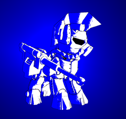 Size: 1156x1093 | Tagged: safe, artist:fic-flix, oc, oc:steelhooves, earth pony, pony, fallout equestria, alternate timeline, alternate universe, armor, battle saddle, blue, gradient background, outlined, power armor, solo, white