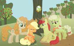 Size: 1140x720 | Tagged: safe, artist:silverbuller, applejack, bright mac, granny smith, pear butter, earth pony, ghost, pony, undead, the last problem, apple, apple tree, crying, eyes closed, feels, female, granny smith's scarf, male, mare, picture, rest in peace, sitting, spirit, stallion, tree, young granny smith, younger