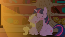 Size: 3840x2160 | Tagged: safe, artist:ruxify, dinky hooves, twilight sparkle, unicorn twilight, pony, unicorn, fanfic:twilight sparkle my mentor and more, age difference, explicit source, fanfic, fanfic art, female, filly, golden oaks library, kissing, lesbian, mare, romantic, shipping, show accurate, twilight is a foal fiddler