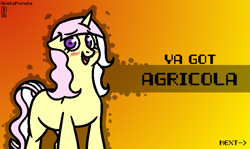 Size: 801x477 | Tagged: safe, artist:anelaponela, oc, oc only, oc:agricola, pony, unicorn, banned from equestria daily, blushing, female, implied sex, looking at you, mare, meme, open mouth, smiling, smiling at you, solo