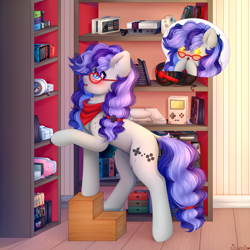 Size: 3200x3200 | Tagged: safe, artist:sweesear, oc, oc only, oc:cinnabyte, earth pony, pony, adorkable, bandana, blushing, cheek fluff, collection, cute, dork, ear fluff, female, games, glasses, happy, mare, solo, speech bubble