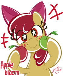 Size: 1001x1200 | Tagged: safe, artist:garammasara, apple bloom, earth pony, pony, adorabloom, apple, cute, eye clipping through hair, female, filly, food, looking at you, pixiv, simple background, solo, starry eyes, white background, wingding eyes